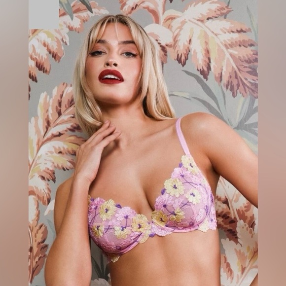 NWT Playful Promises Luna Pastel Pink Embroidery Picot Elastic Plunge Bra - Picture 2 of 8